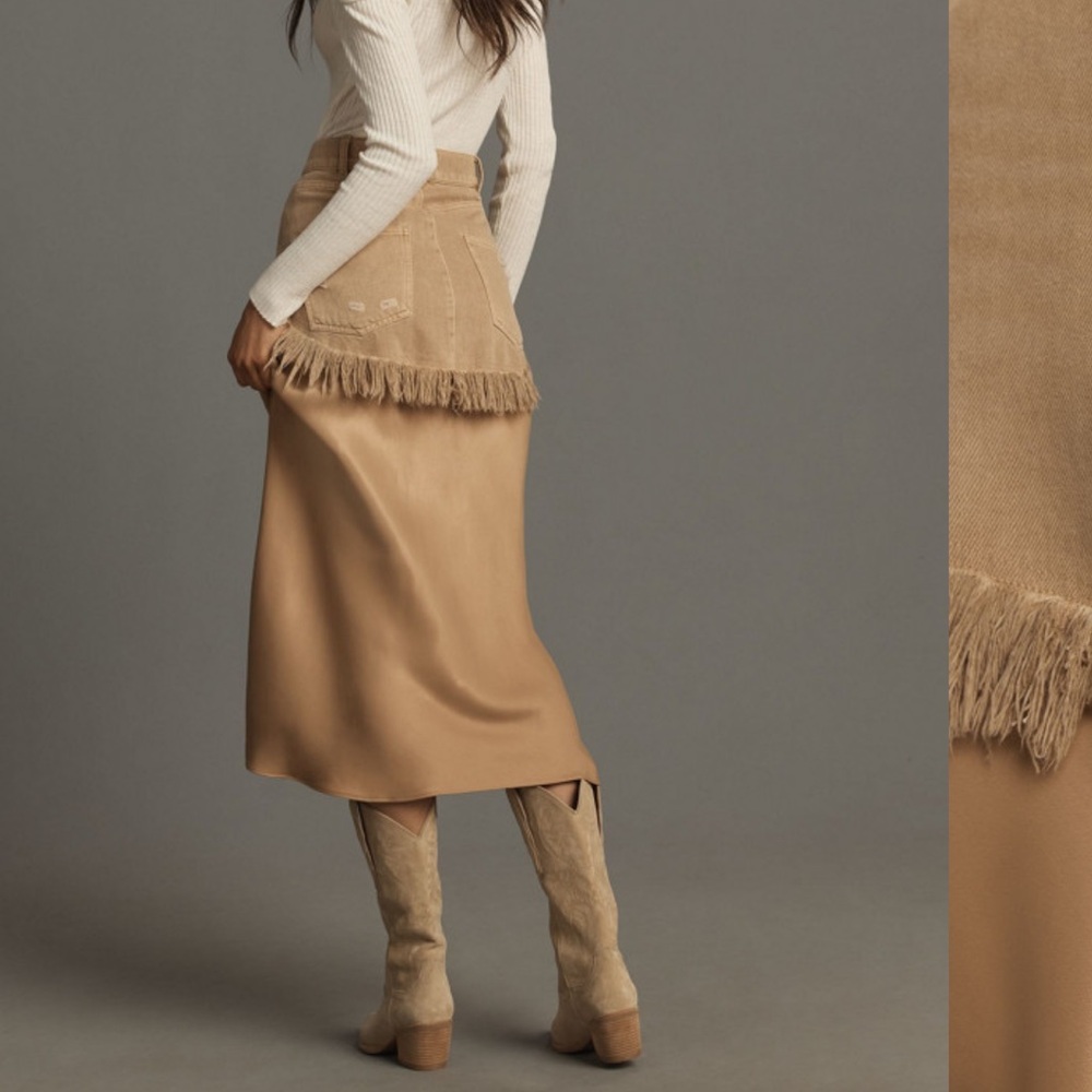 Pilcro Camel Twofer Slip Midi Skirk with Denim Fringed Overlay NWOT - Picture 2 of 6